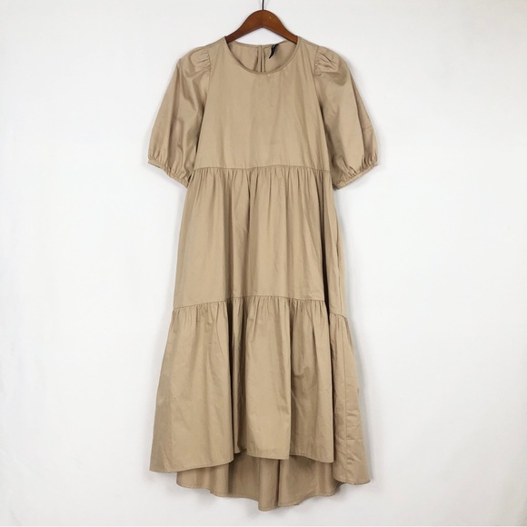 Zara Poplin Midi Short Sleeve Dress Tiered Tan Size M - Picture 1 of 7